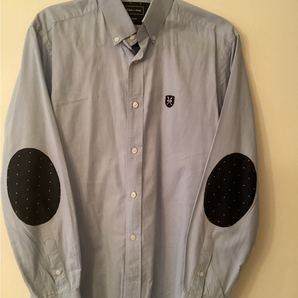 Men's Eden Park pale blue oxford Shirt with polka dot Elbow Patches